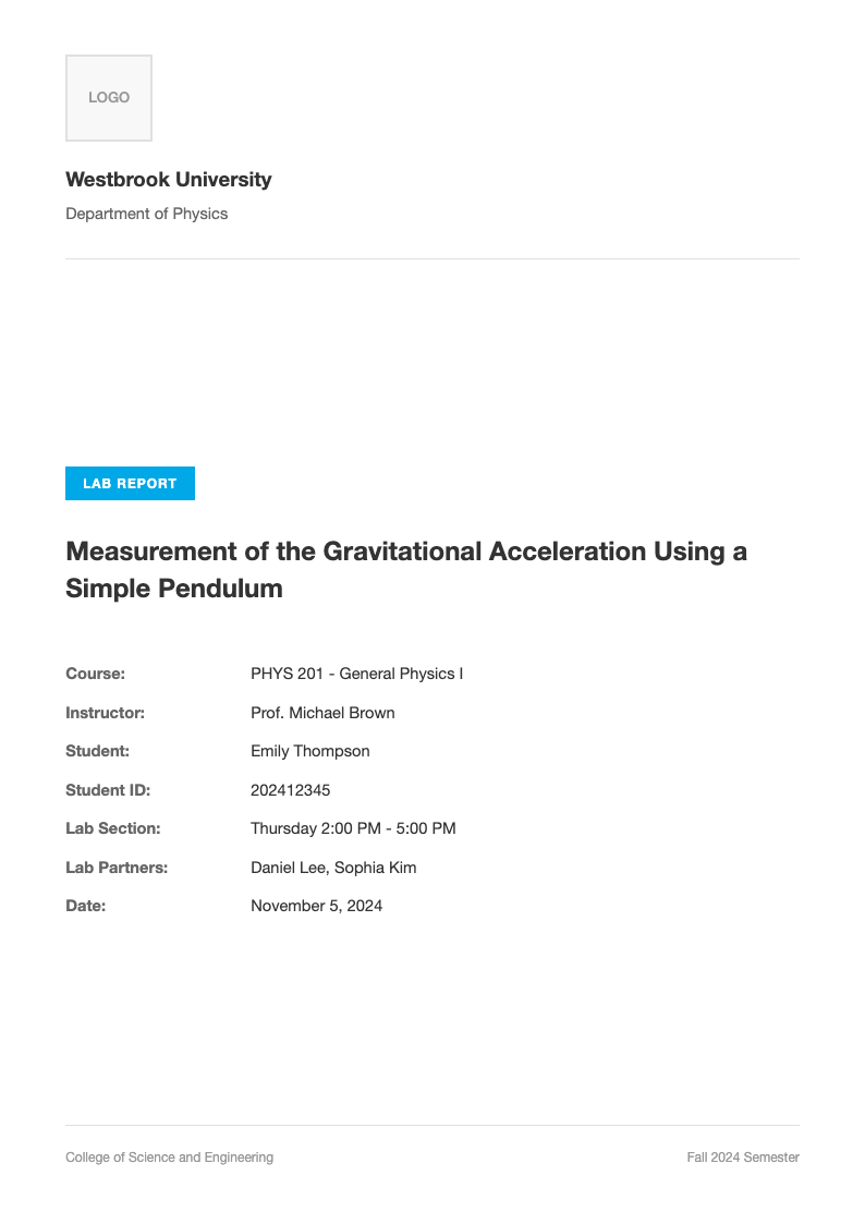 Modern minimalist lab report cover page